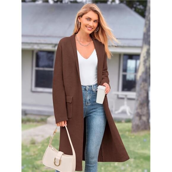 Women's Open Front Long Cardigan Sweaters, Brown - Picture 2 of 7